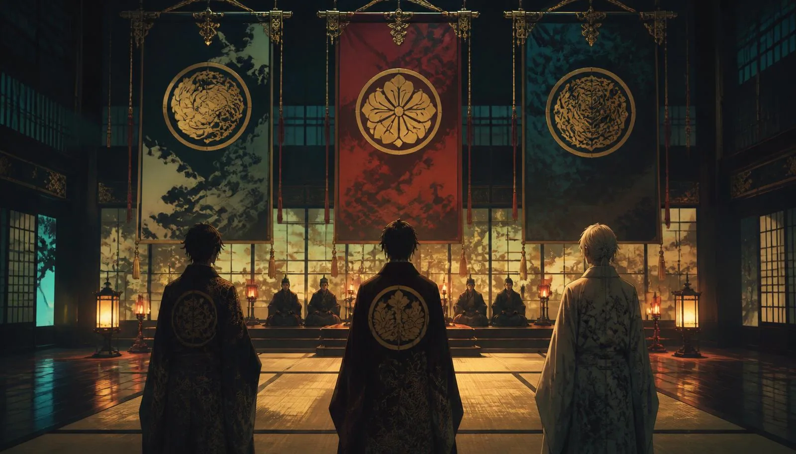 Original AnimeVerse key-visual artwork for Original AnimeVerse illustration: three inherited crests, three very different kinds of power.